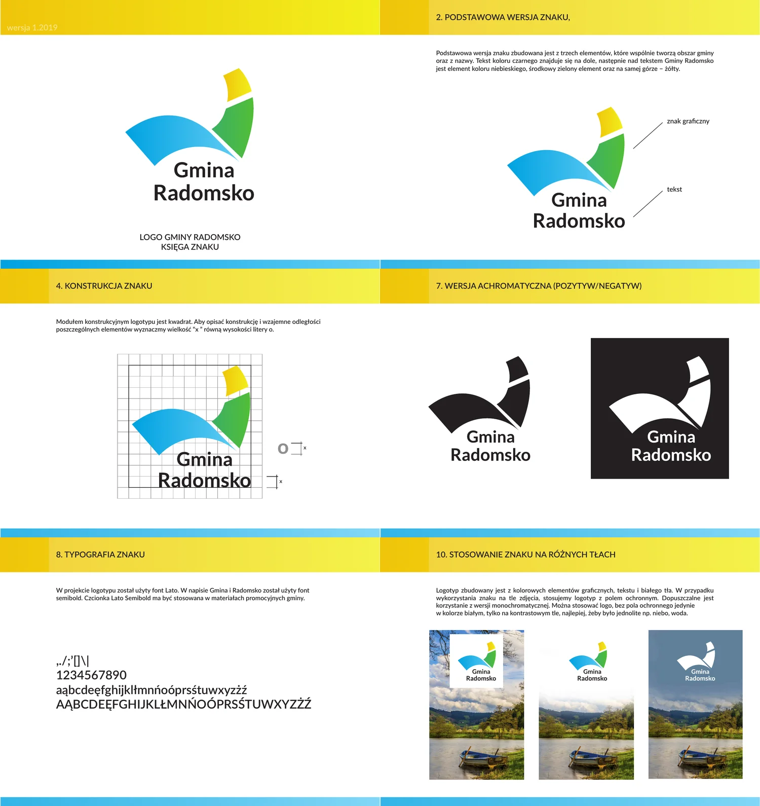Strony księgi znaku Gminy Radomsko: logo, konstrukcja, pole ochronne, kolorystyka, wersja achromatyczna, minimalne rozmiary i niedopuszczalne modyfikacje