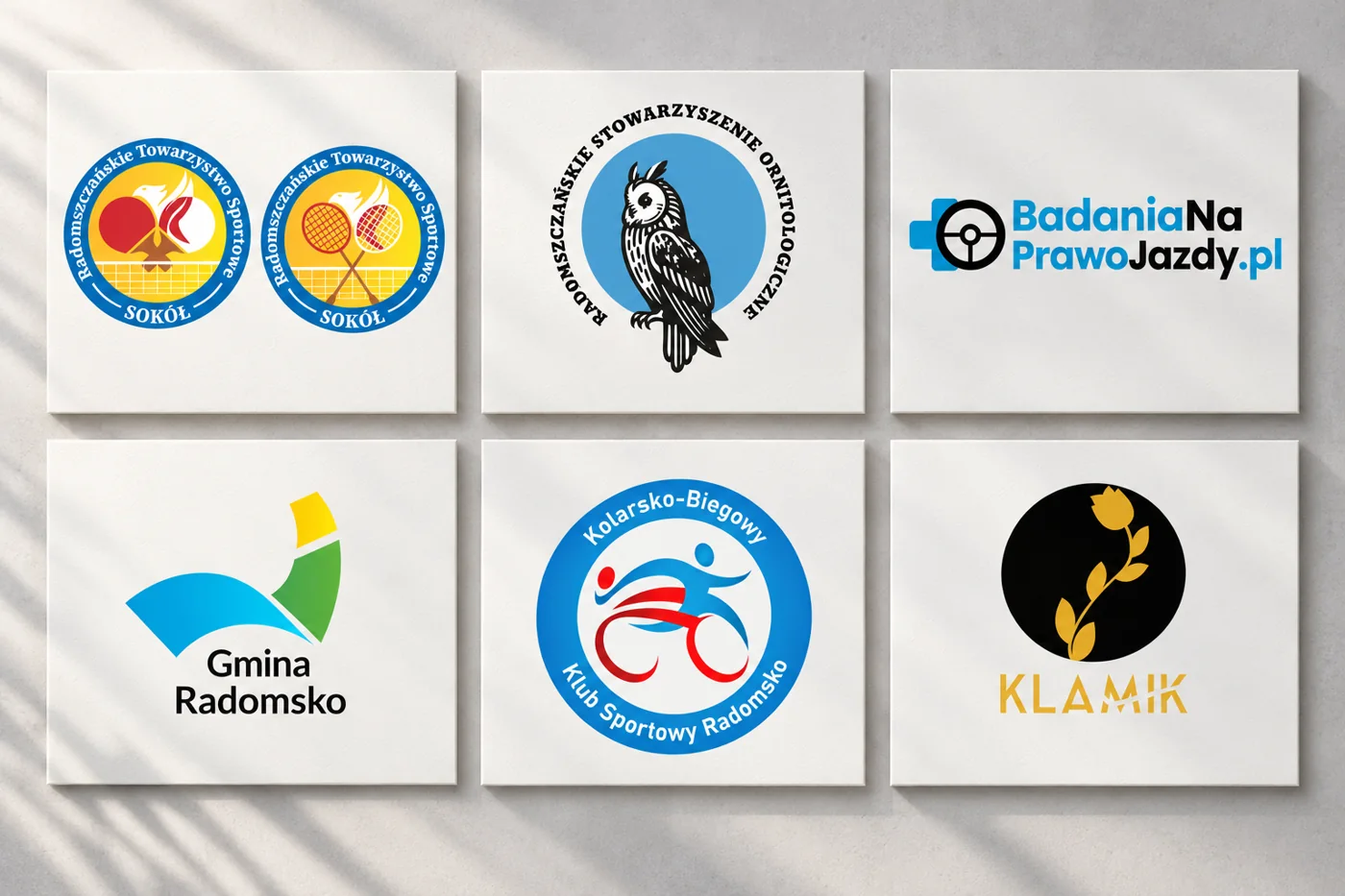 Logotypy zaprojektowane dla klientów: Radomszczańskie Towarzystwo Sportowe Sokół, Radomszczańskie Stowarzyszenie Ornitologiczne, BadaniaNaPrawoJazdy.pl, Gmina Radomsko, Kolarsko-Biegowy Klub Sportowy Radomsko, Klamik