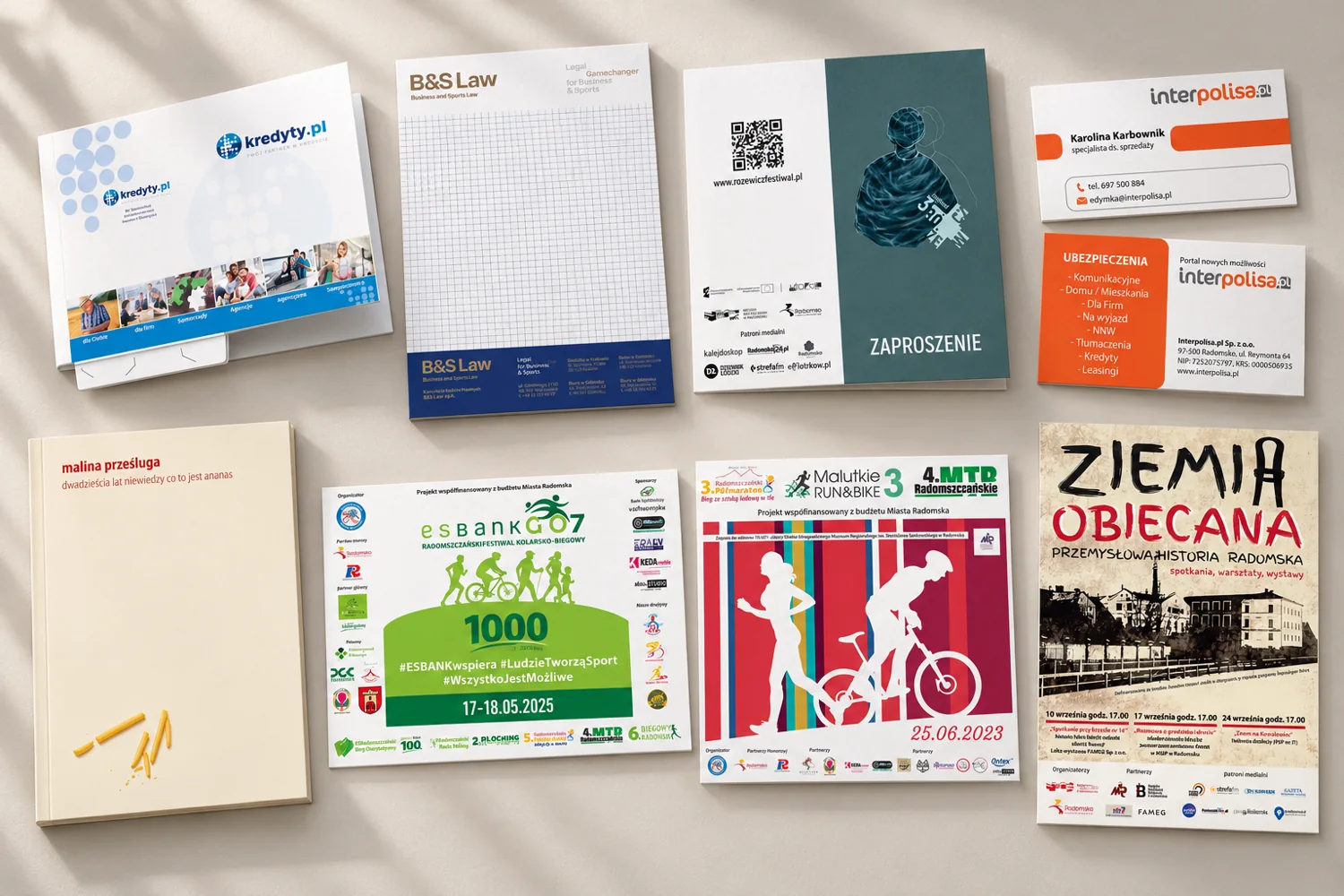 Materiały graficzne: teczka Kredyty.pl, papier firmowy B&S Law, zaproszenie na festiwal, wizytówki Interpolisa.pl, okładka książki, plansze imprez sportowych i plakat Ziemia Obiecana