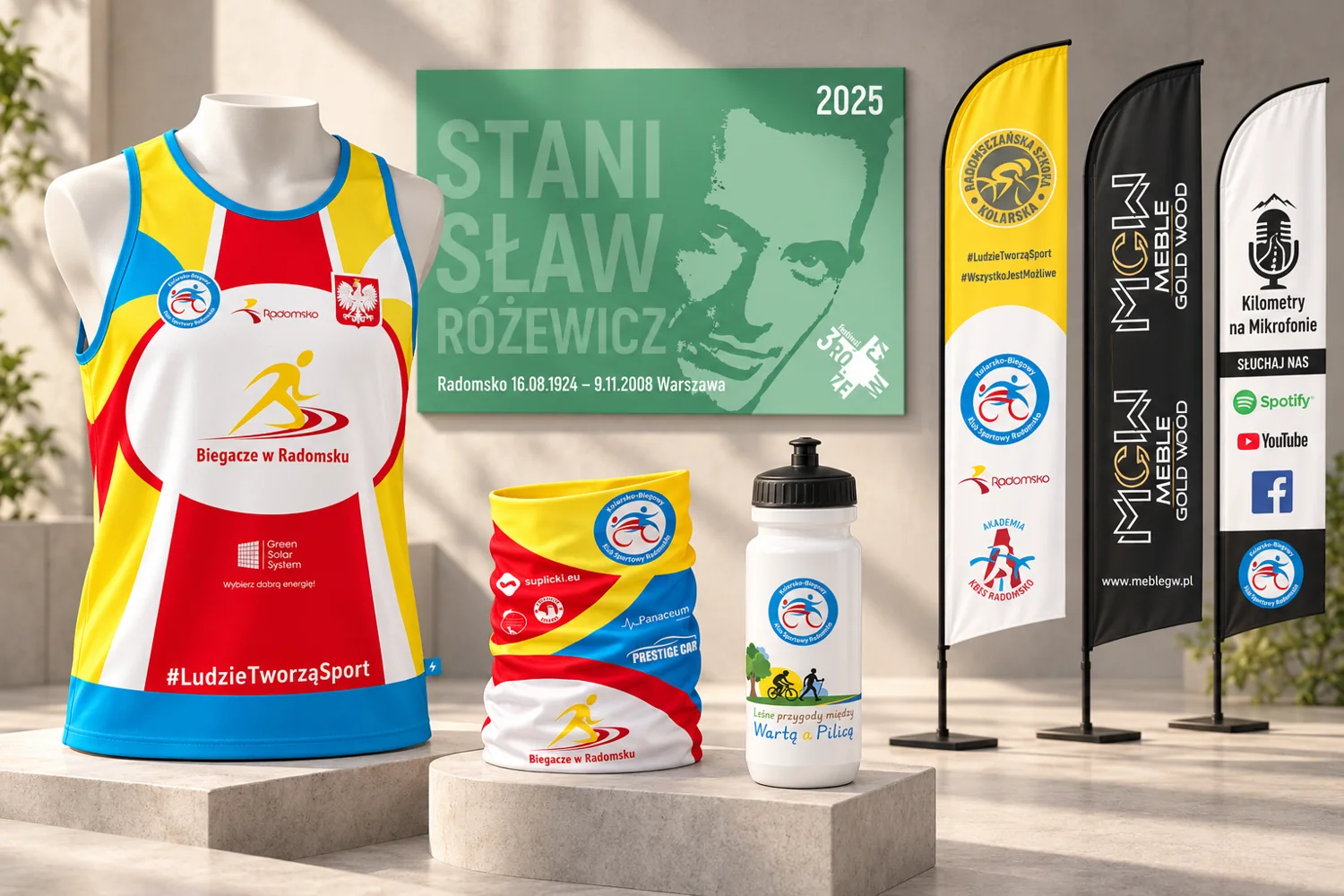 Koszulka biegowa Biegacze w Radomsku, komin, bidon z nadrukiem, baner z Stanisławem Różewiczem oraz trzy windery reklamowe