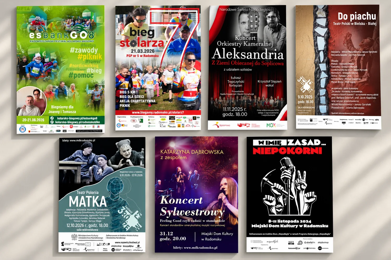 Siedem plakatów na imprezy kulturalne i sportowe: festiwal kolarsko-biegowy esbankGO8, Bieg Stolarza, koncert Orkiestry Kameralnej Aleksandria, spektakle Do piachu i Matka, Koncert Sylwestrowy oraz W imię zasad... Niepokorni