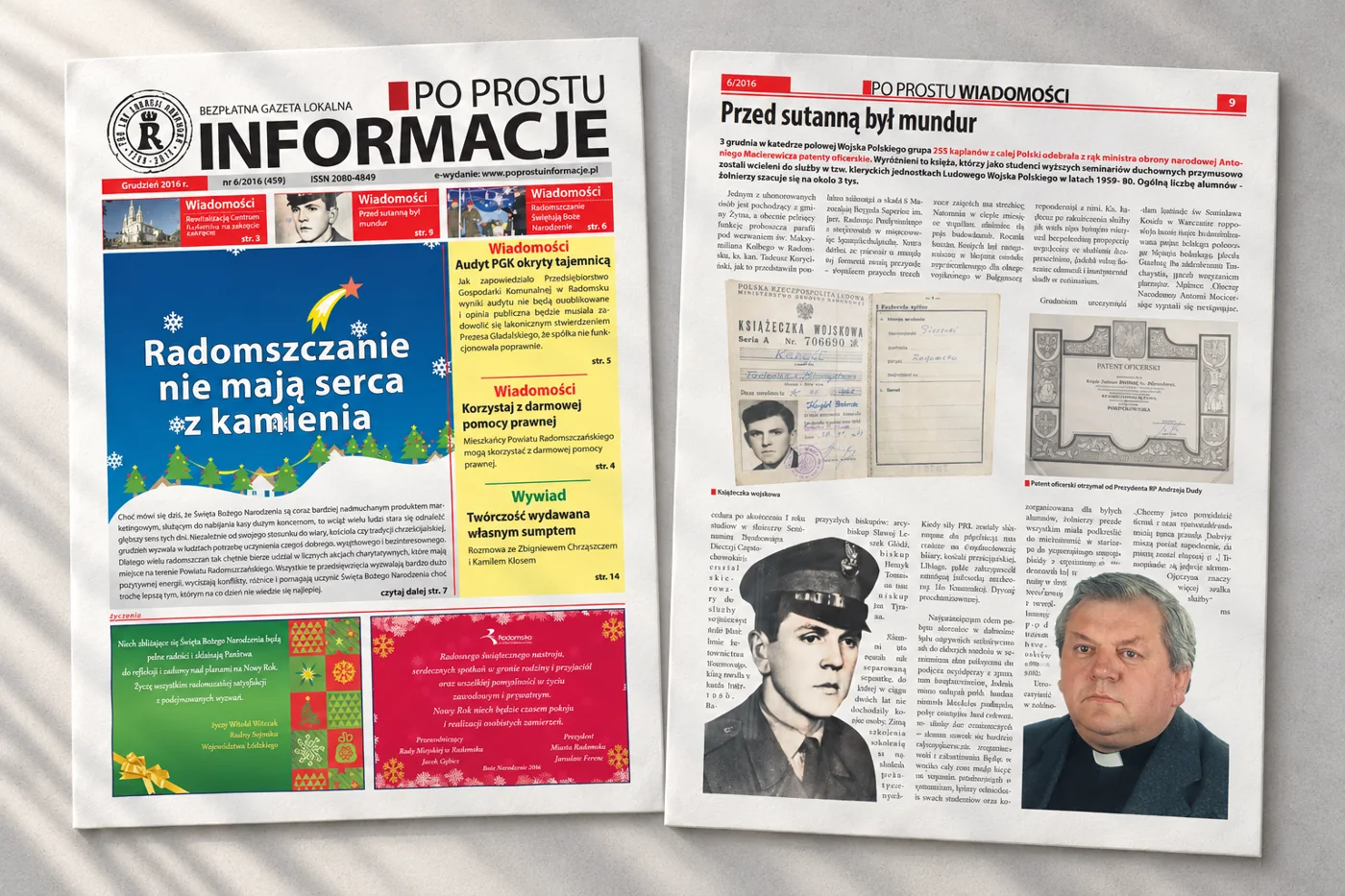 Okładka i strona wewnętrzna bezpłatnej gazety lokalnej Po Prostu Informacje, wydanie grudniowe 2016